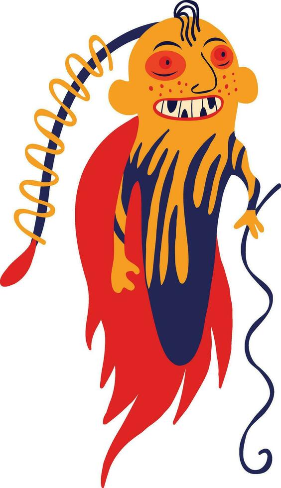 strange demon with a magic cane. Bright weird ugly characters on Halloween. Cute quirky comic book characters in a modern flat hand-drawn style vector