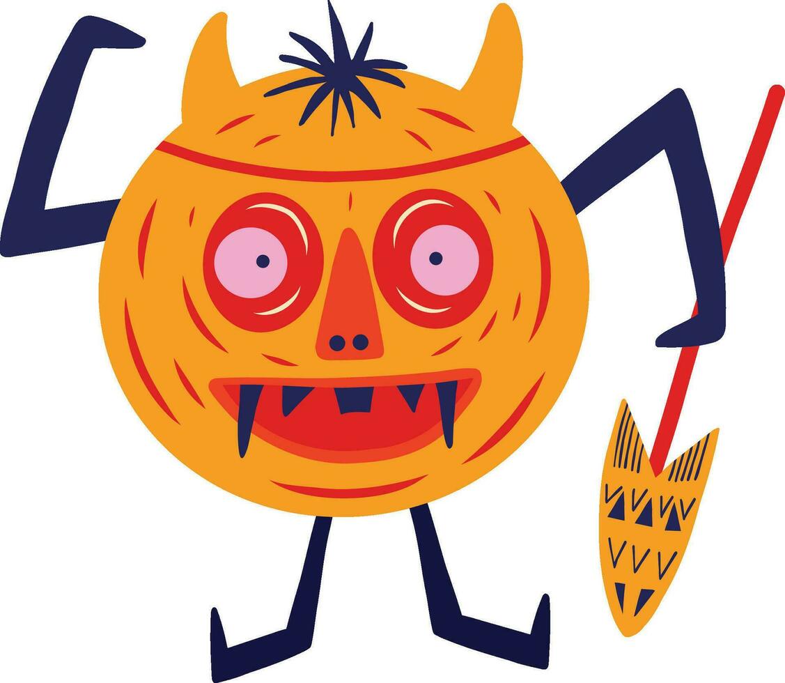 Crazy pumpkin with a spear. Cute bizarre comic Halloween characters in modern flat hand drawn style vector