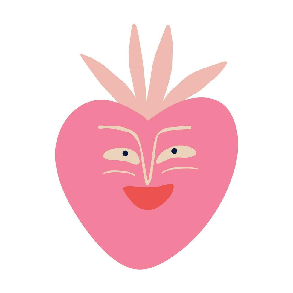 Funny quirky charming pink strawberry with awesome smiling face. Baby berry character. vector