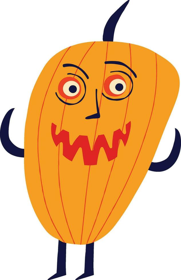 funky pumpkin with an evil muzzle, An illustration in a childish hand-drawn style vector