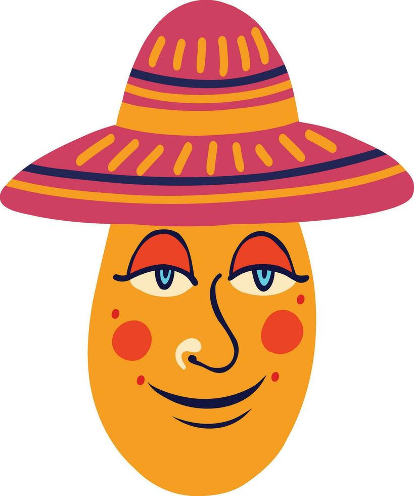 funny kind character in Mexican hat. Strange ugly Halloween character. Cute bizarre comic demon in modern flat hand drawn style vector