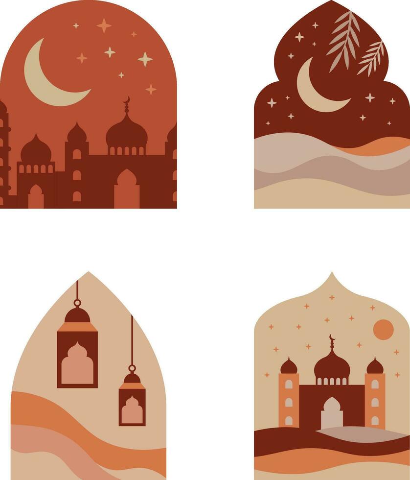 Boho Islamic windows and arches with modern boho design, moon, mosque dome and lanterns. Vector illustration