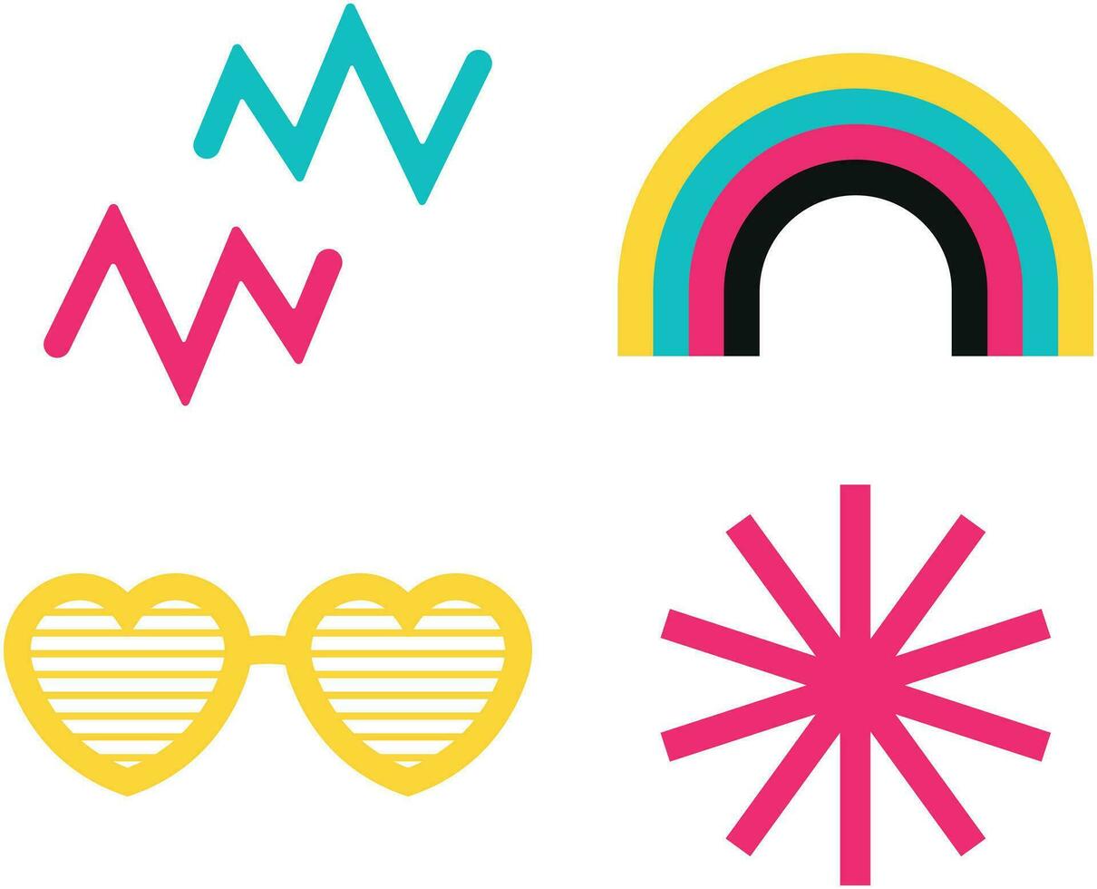 Retro Sticker Nostalgic. Collection of funny and cute emoji and vintage lettering badges and graphic elements isolated on black background. Vector illustration