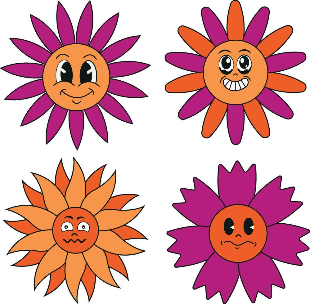 Groovy Flower Retro. Funny happy daisy with eyes and smile. Sticker pack in trendy retro trippy style. Isolated vector illustration.