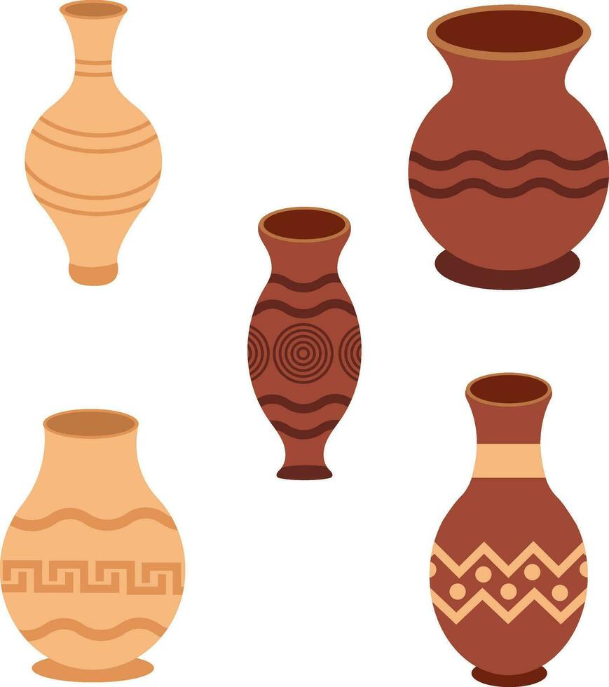 Ceramic Pots. Ancient Greek vases, antique pots, vintage jugs, clay vessels, urns. Crockery designs, ceramic earthenware. Flat cartoon graphic vector illustrations.