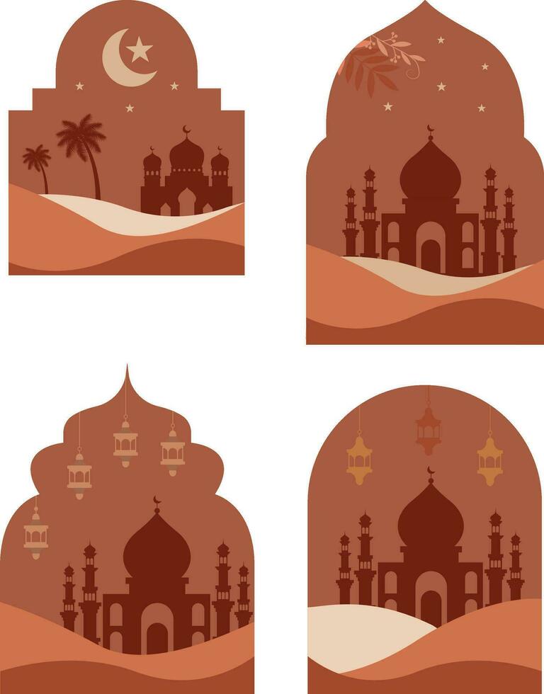 Boho Islamic. style Islamic windows and arches with modern boho design, moon, mosque dome and lanterns vector