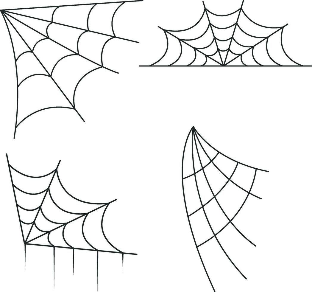 Halloween Spider Web. Spooky Halloween cobweb with spiders. Outline vector illustration