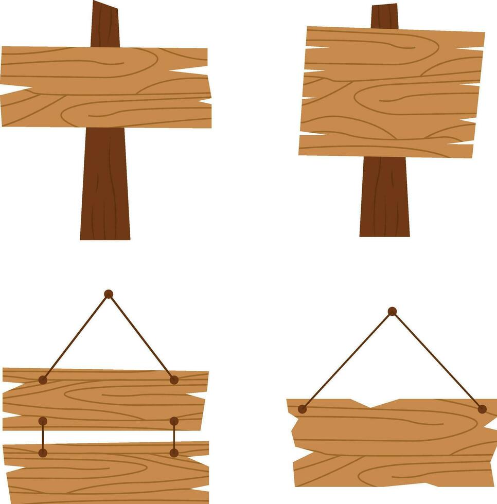 Hanging Wooden Board. signboard in cartoon style isolated on white background Rustic board, plank with place. vector