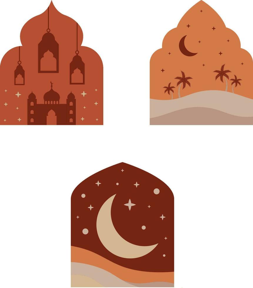 boho islámico ventanas y arcos con moderno boho diseño, luna, mezquita Hazme y linternas vector ilustración