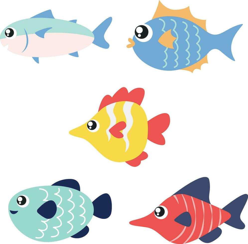 Cute Fish Character. Set of freshwater aquarium cartoon fish for print and design decoration illustration.Vector pro vector