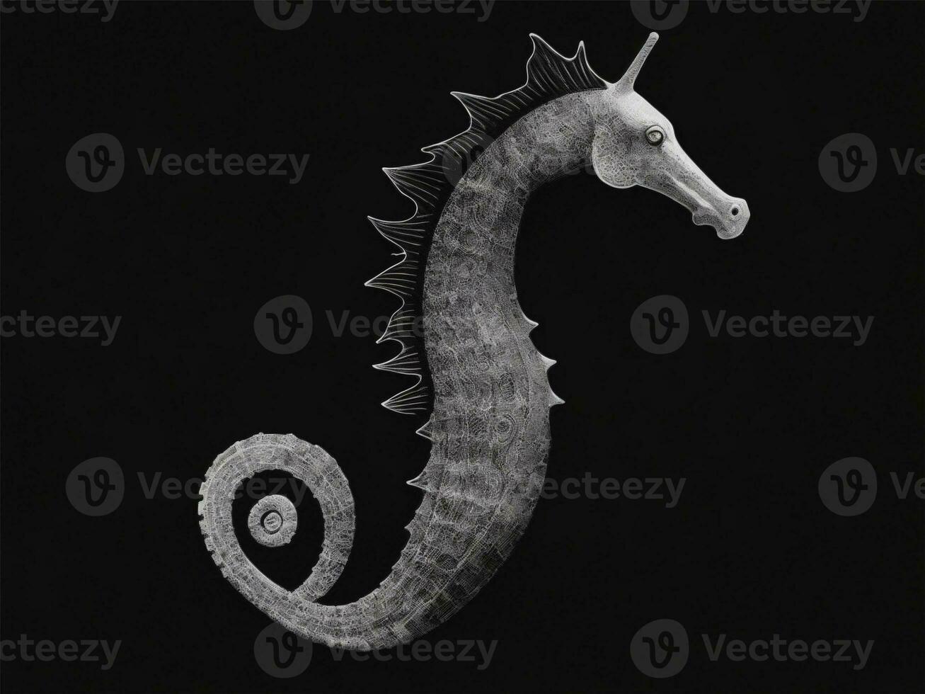 sea horse black white cartoon illustration, black background photo