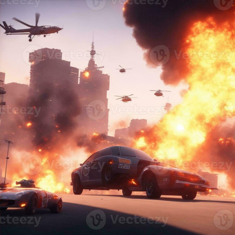vídeo juego ciudad con explosión ilustraciones foto