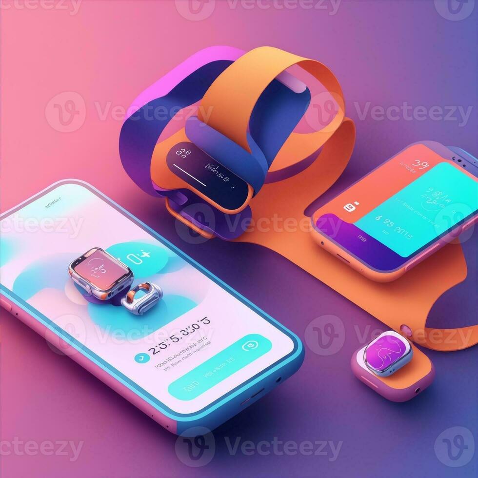 illustration of a bluetooth wearable close up of a phone application, isometric photo
