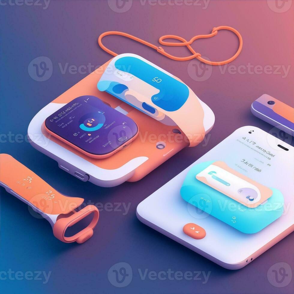illustration of a bluetooth wearable close up of a phone application, isometric photo