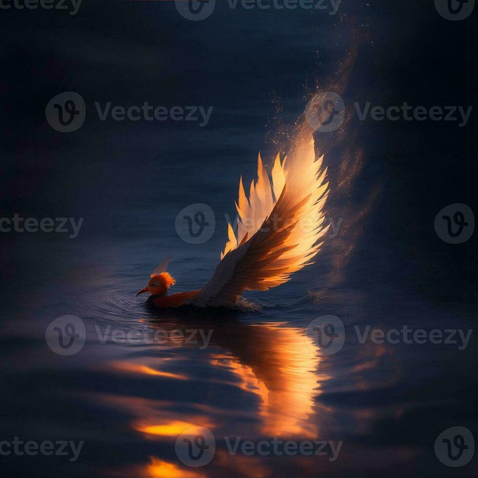 flaming feathers floating on the surface of the sea in a dark atmosphere photo