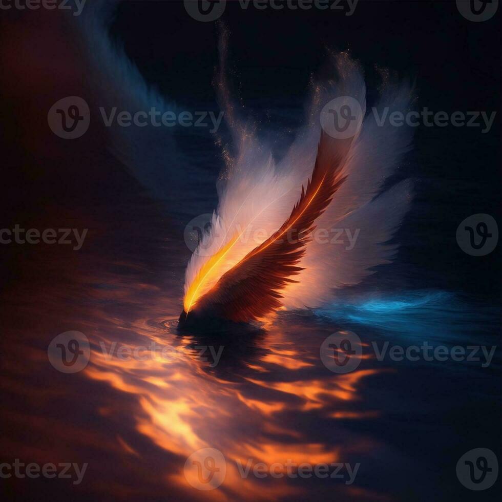 flaming feathers floating on the surface of the sea in a dark atmosphere photo