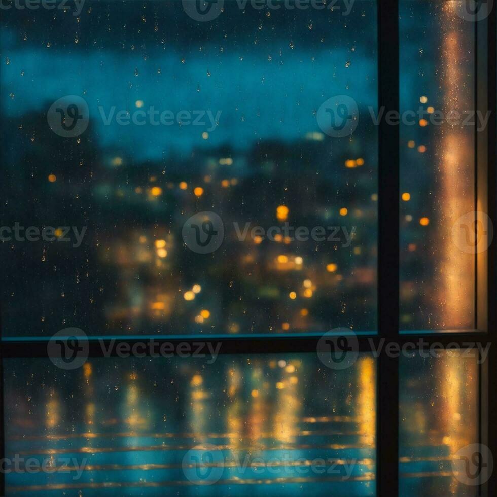 raindrops falling on the windowpane, against the background of blurred city lights illustration photo