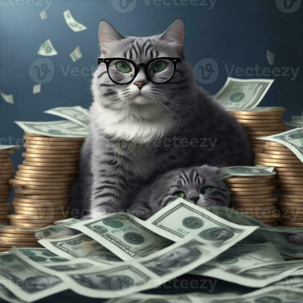 a bespectacled cat along with a pile of money photo