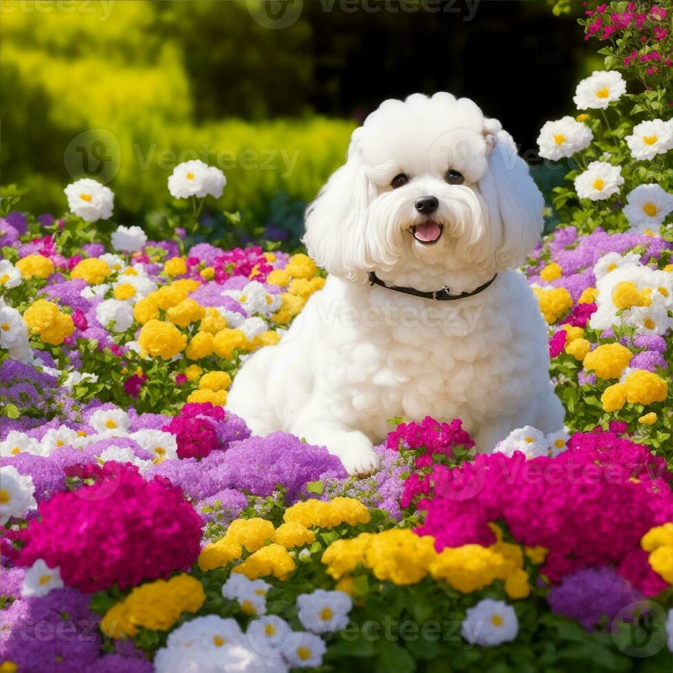 Bichon Frize in a garden full of flowers illustration photo