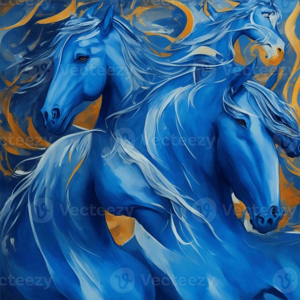 Artistic mix of horse drawing in blue illustration photo