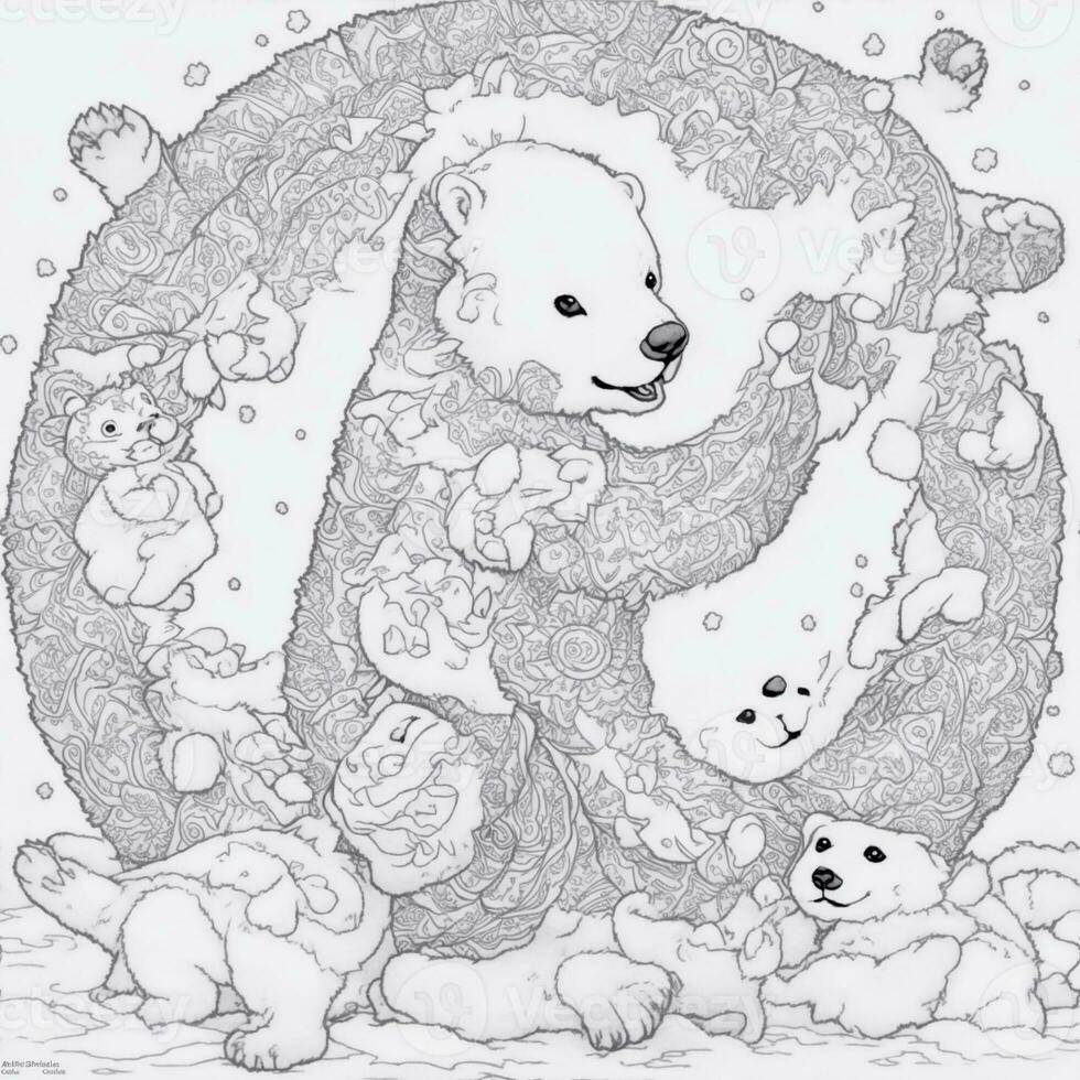 mandala, baby polar bear on white background, clean line art photo