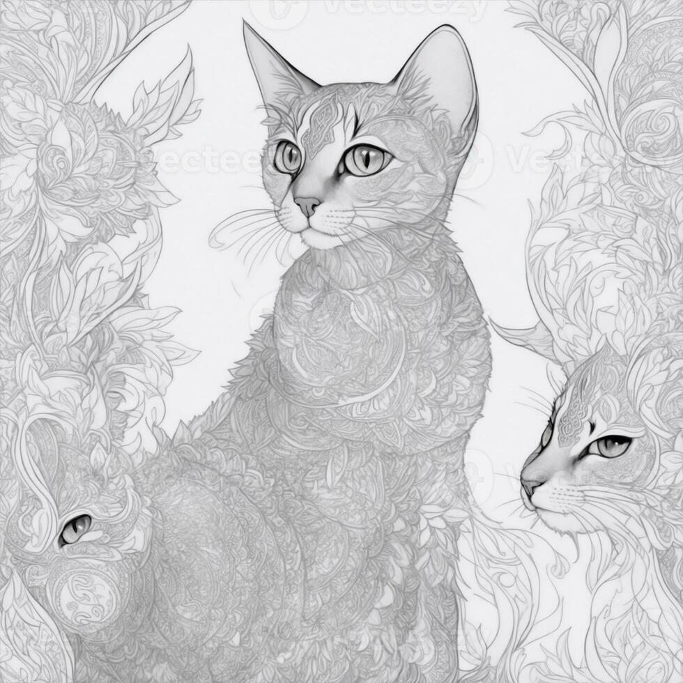Abyssinian cat mandala white background, clean line art photo