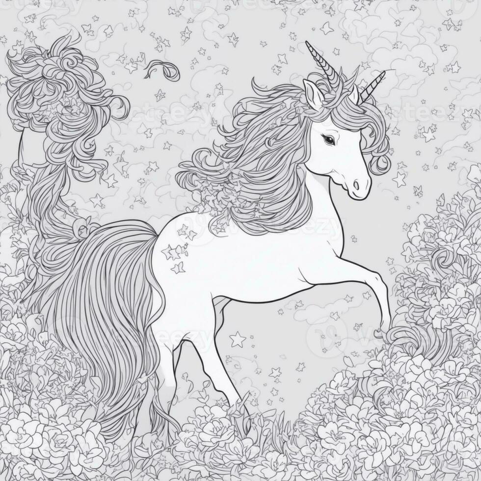 silhouette of cute cartoon unicorn and flowers, surrounded with various hearts and stars, white design background, simple lines photo