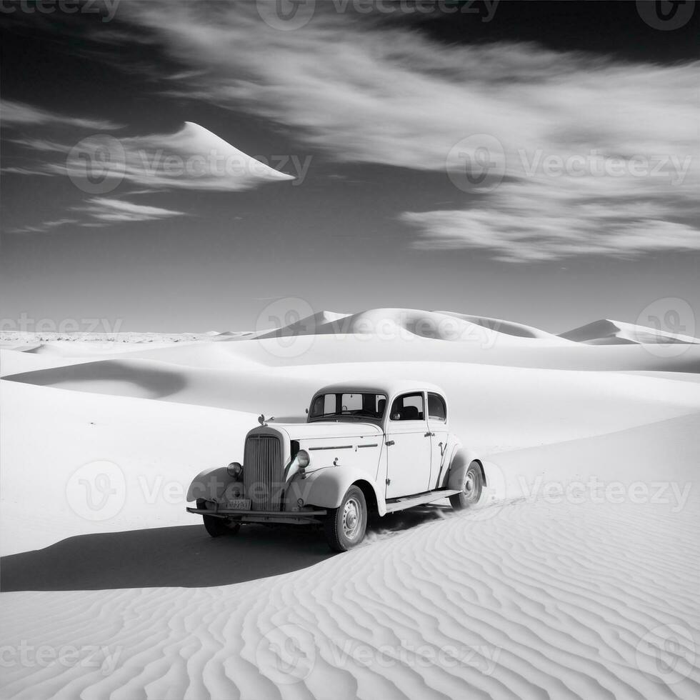 black and white old car in white desert illustration photo