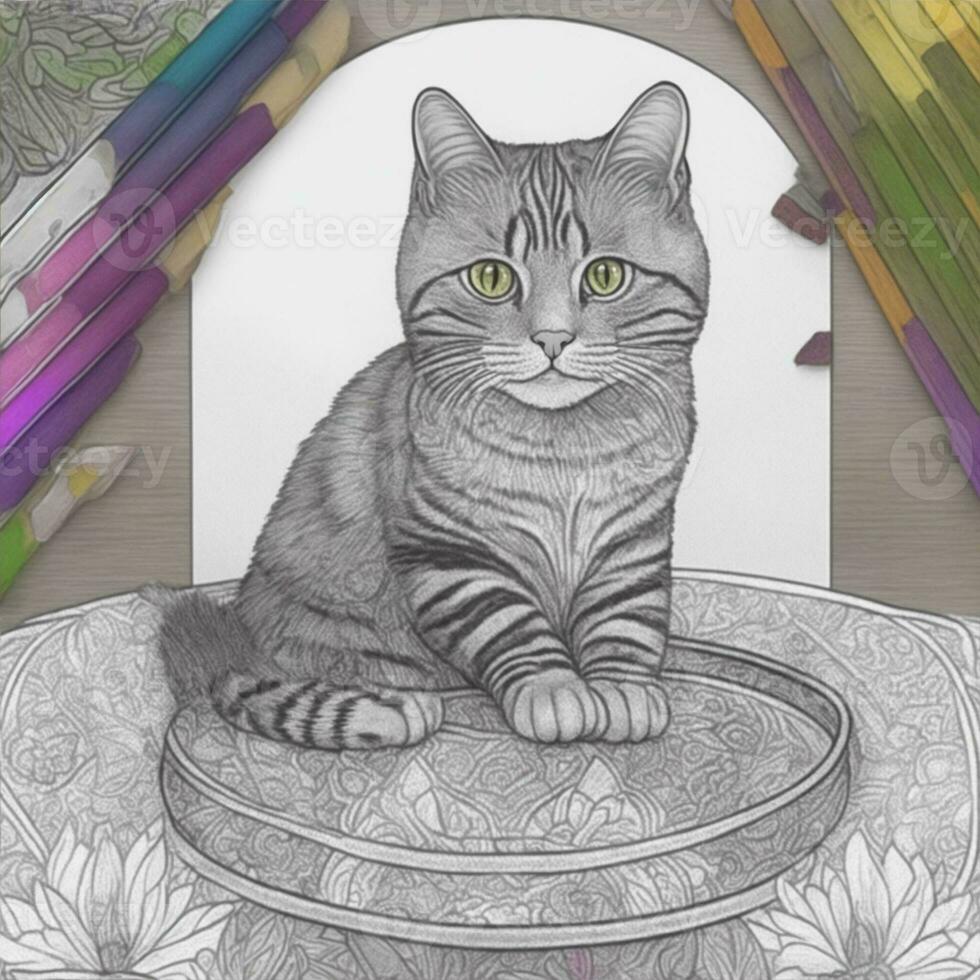 coloring page, mandala, cat sitting on the table, colorful, illustration style, clean line art, fine line art photo