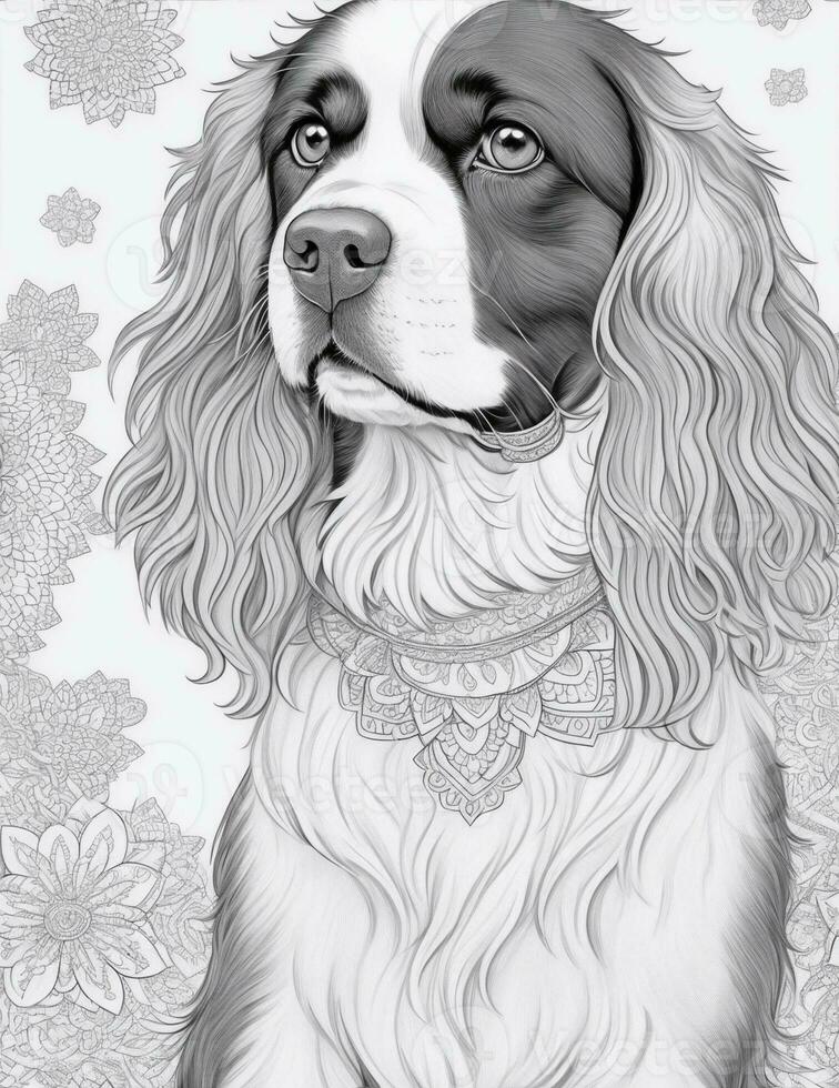 coloring page, mandala, English Springer Spaniel dog on a white background, clean line art, fine line art photo