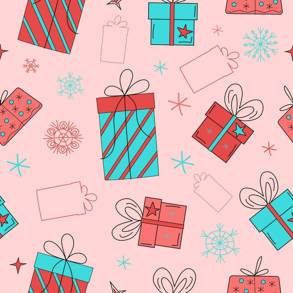 Pattern seamless doodle style gifts in boxes. Gift wrapping holiday gifts. Vector background.