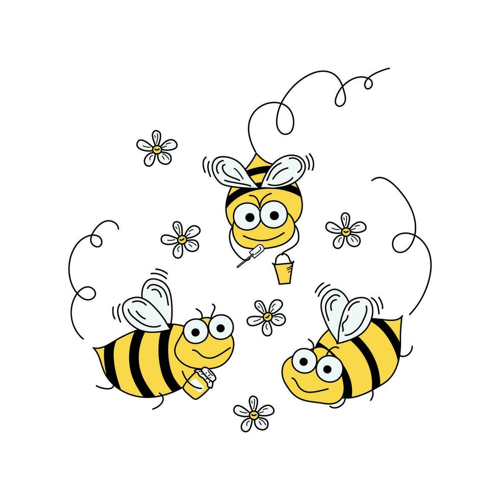 Cartoon bees. Doodle insect set. Honey in a jar. Nectar, food, sweetness. Vector graphics on a white isolated background.