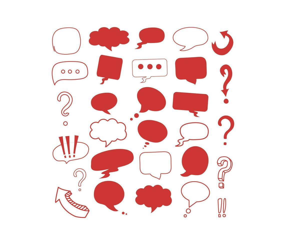 Arrows, question mark and exclamation mark. Online chat. Empty speech bubbles, clouds for phrases, text. Vector illustration on isolated background.