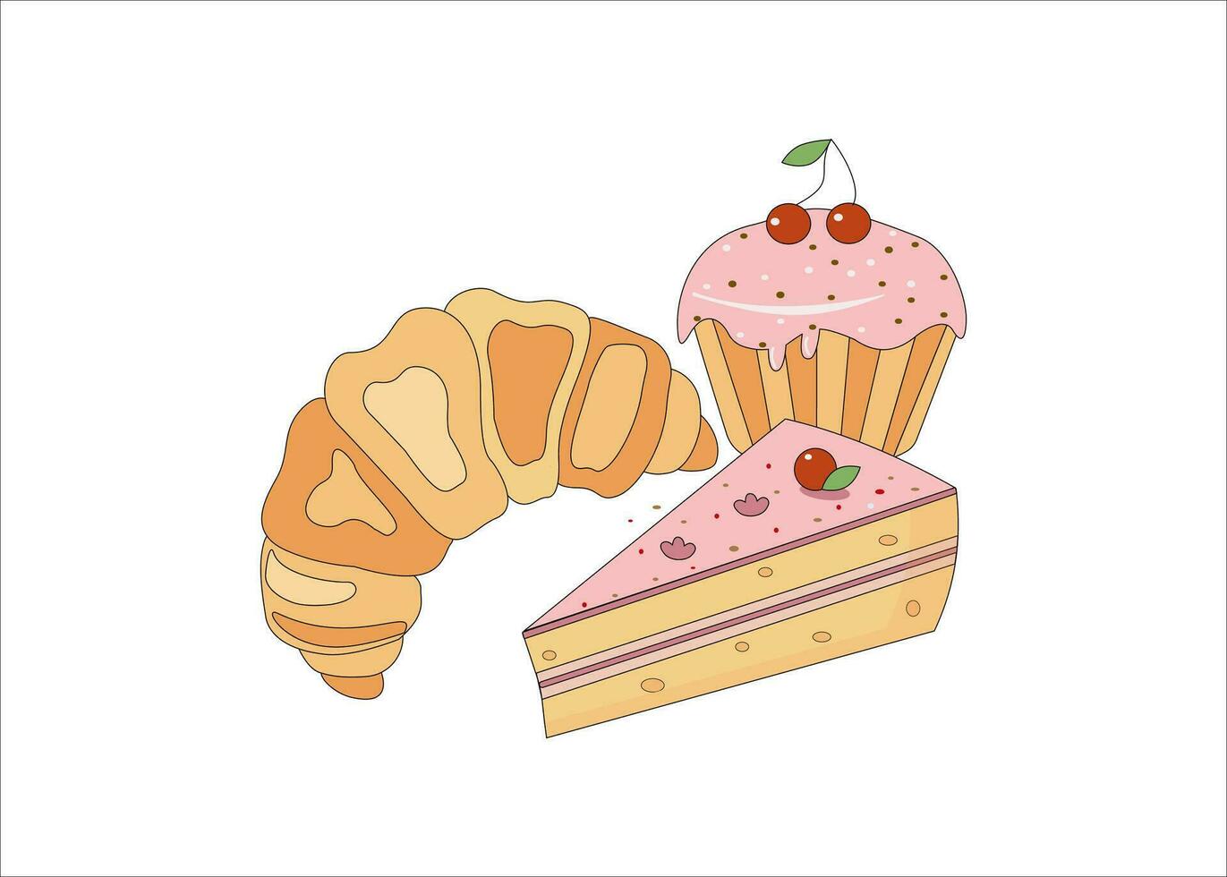 Cakes, croissant doodle. Sweets, dessert, pastries, confectionery. Vector graphics on an isolated background.