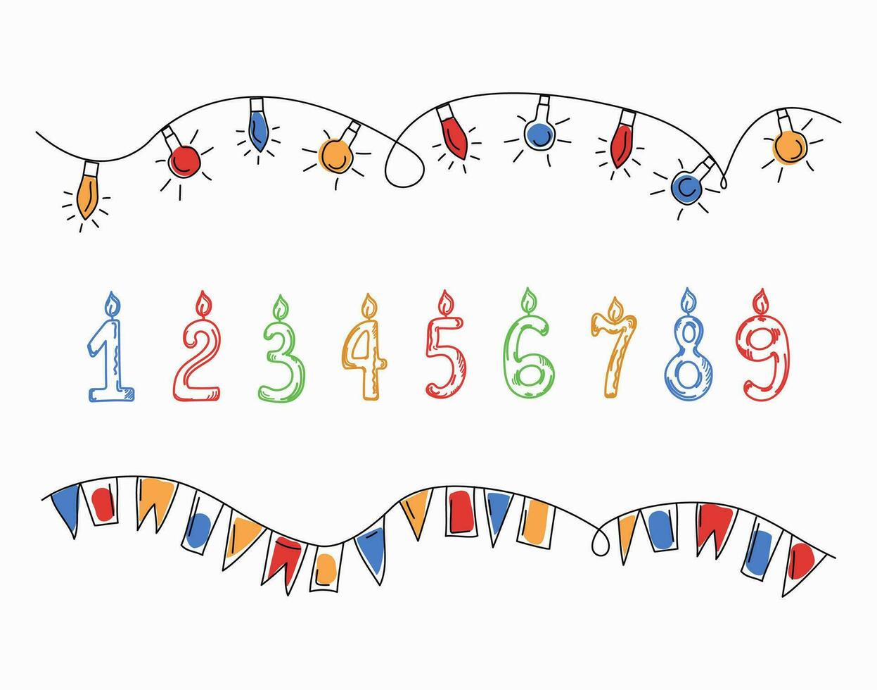 Festive banner. Birthday. Burning candles in the form of numbers. Garland, multi-colored light bulbs, flags. Doodle drawing. Vector graphics on an isolated background.