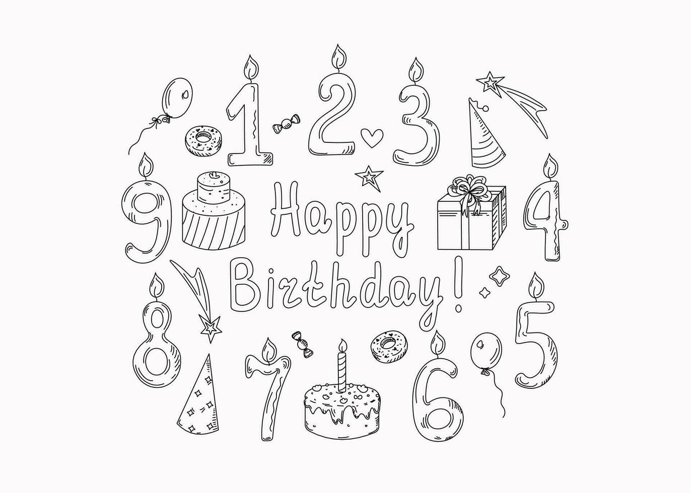 contento cumpleaños conjunto de números, garabatear, fotos. insignias y fiesta iconos alimento, postre. caligrafía, dibujo. vector gráficos en un aislado antecedentes.