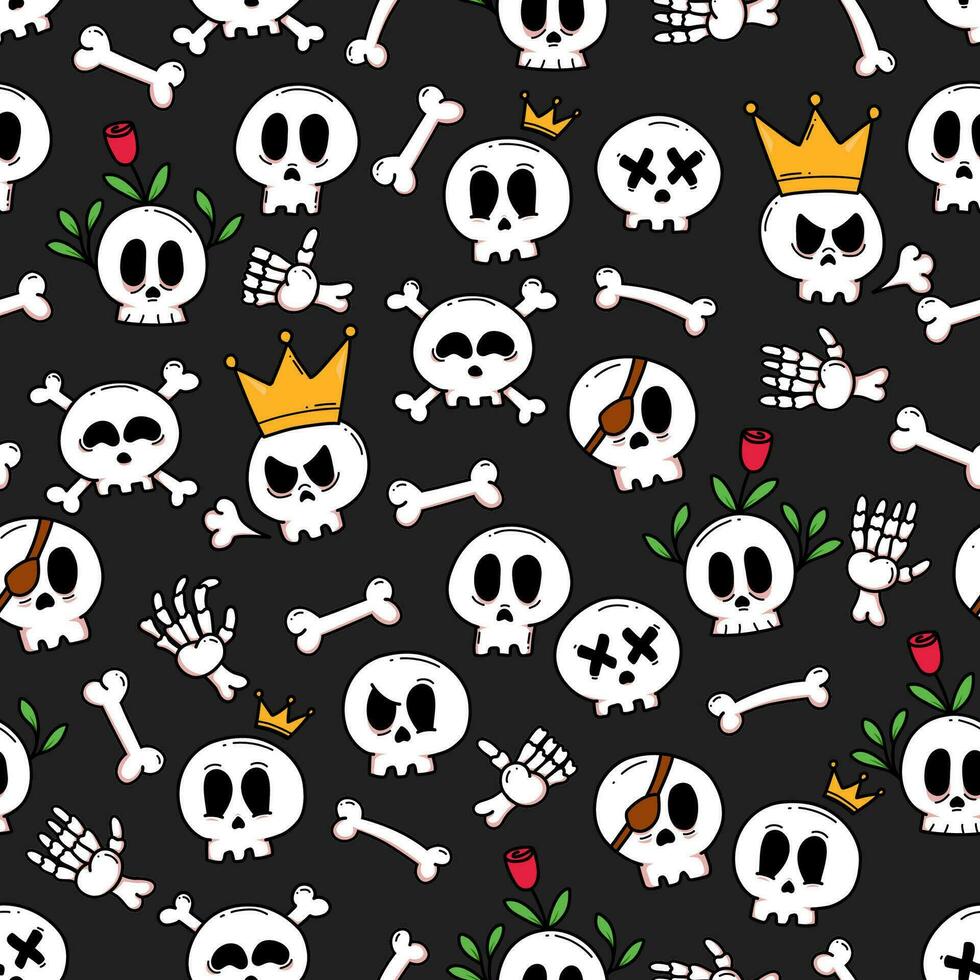 Cute skull doodle drawing seamless pattern for background vector