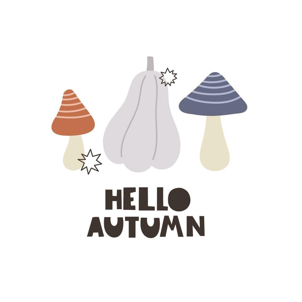 Hello autumn. cartoon pumpkins, mushroom, decorative elements. Season, nature theme. colorful vector illustration, flat style. design for cards, t-shirt print, poster