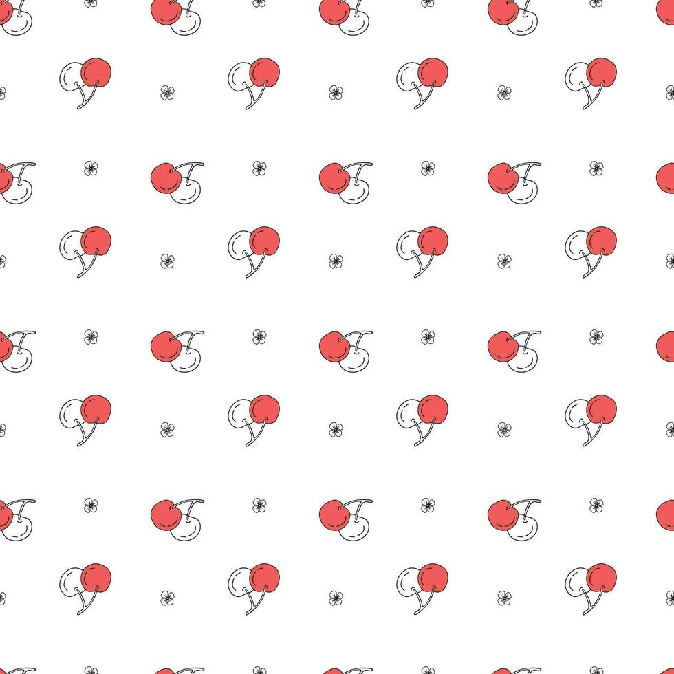 Seamless vector pattern cherry in doodle style.