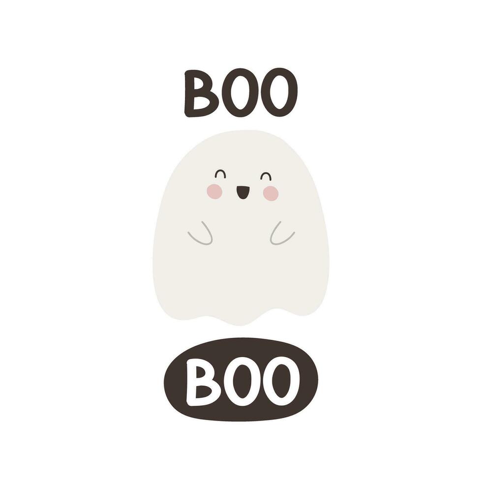 Boo. Cartoon ghost, hand drawing lettering, decor elements. Colorful vector illustration, flat style. design for cards, print, poster