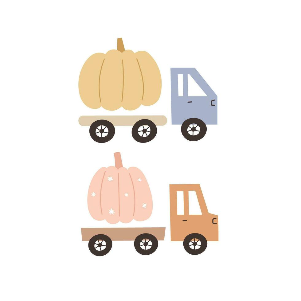 Cartoon pumpkin, car. Colorful vector illustration, flat style. design for cards, print, poster