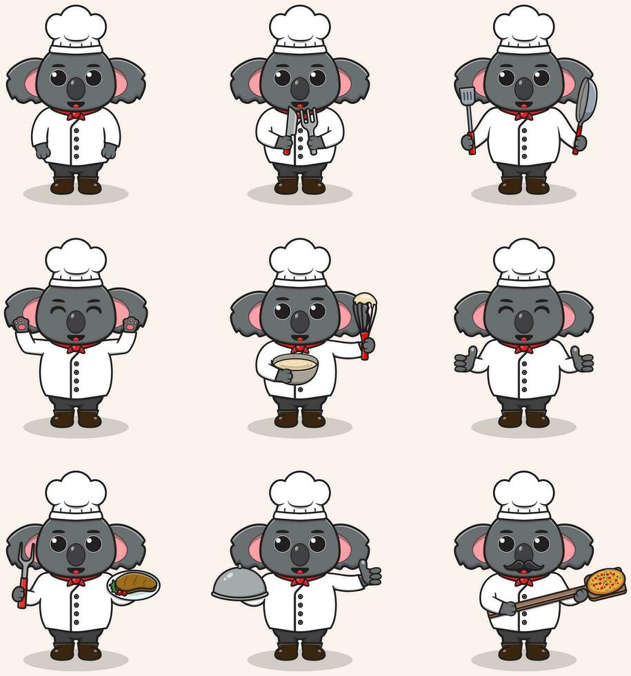 vector ilustración de linda coala vistiendo cocinero uniforme. plano dibujos animados estilo. conjunto de linda animal caracteres en cocinero uniforme. vector ilustración en aislado antecedentes