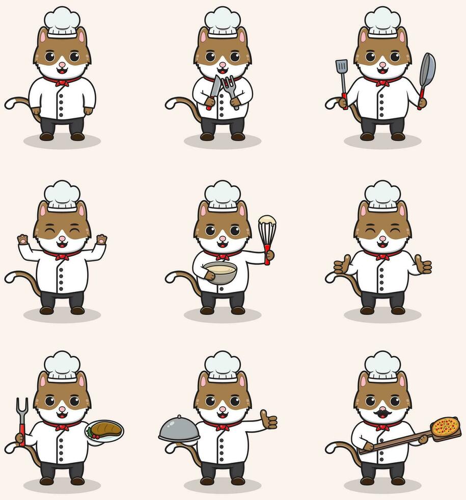 Vector Illustration of Cute Cat wearing chef uniform. Flat Cartoon Style. Set of Cute Animal Characters in Chef Uniform. Vector illustration in isolated background