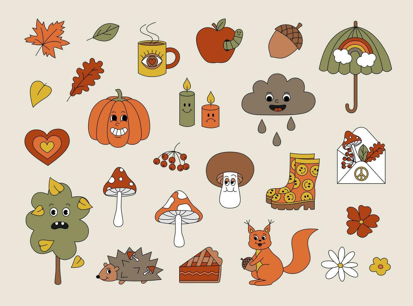 Retro 70s groovy fall autumn elements set. Funky hippie stickers with cartoon pumpkin, leaves, mushrooms, tree, umbrella, rubber boots etc. Isolated vector illustration