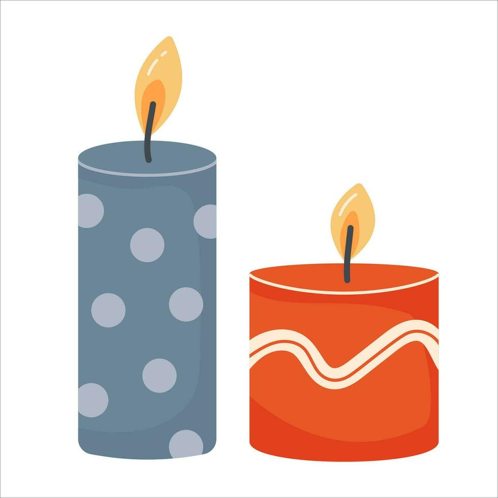 Two various candles. Red and blue. Decorative wax candles for relax. Hand drawn vector images