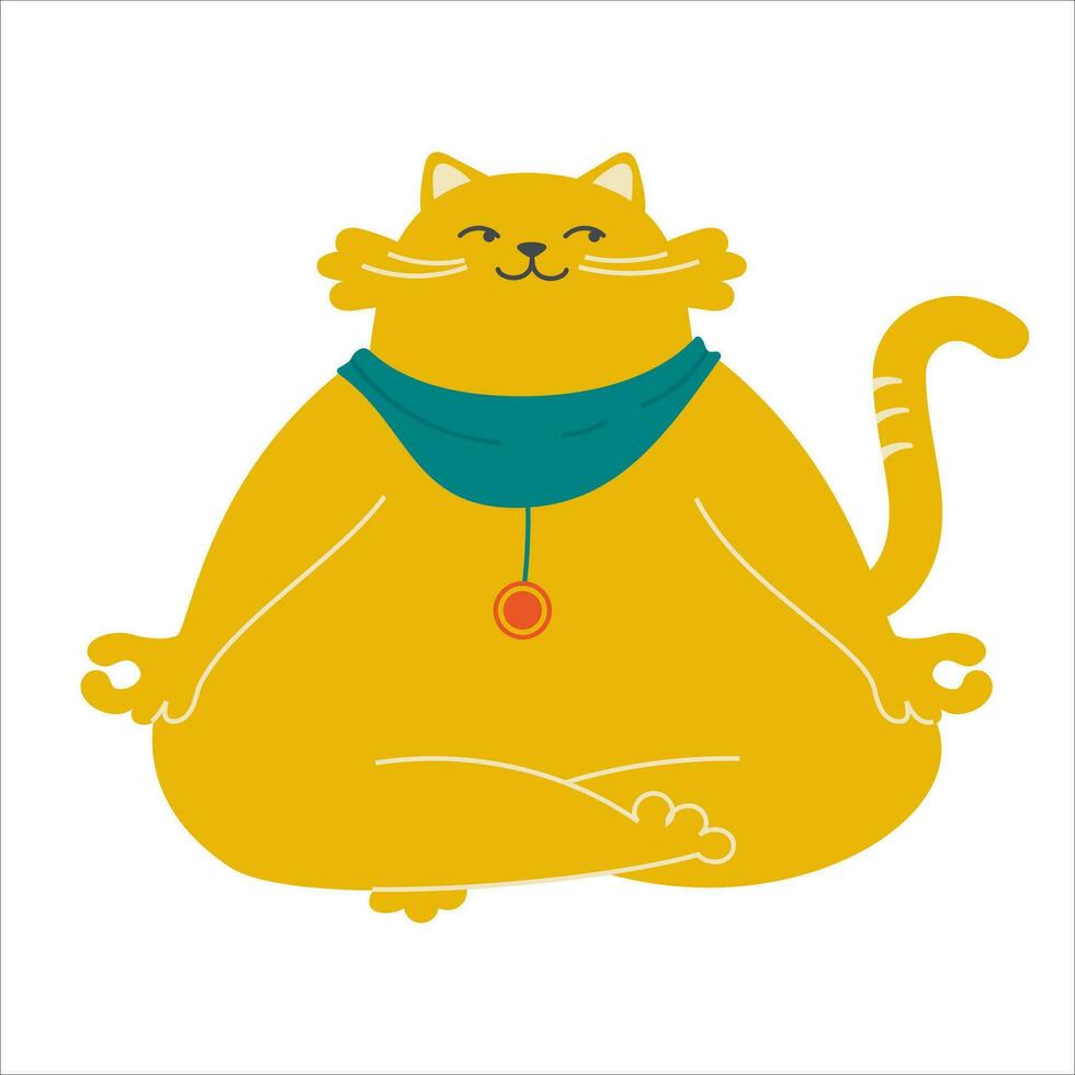 Funny fat ginger cat doing yoga. The animal is sitting in the lotus pose. Vector image on white background.