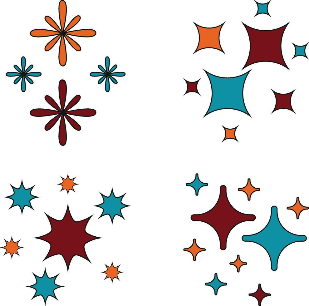 Retro Shiny Stars, starburst and retro futuristic graphic ornaments for decoration. Illustration Vector