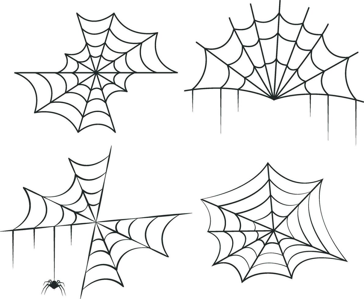 Halloween Spider Web. Spooky Halloween cobweb with spiders. Outline vector illustration