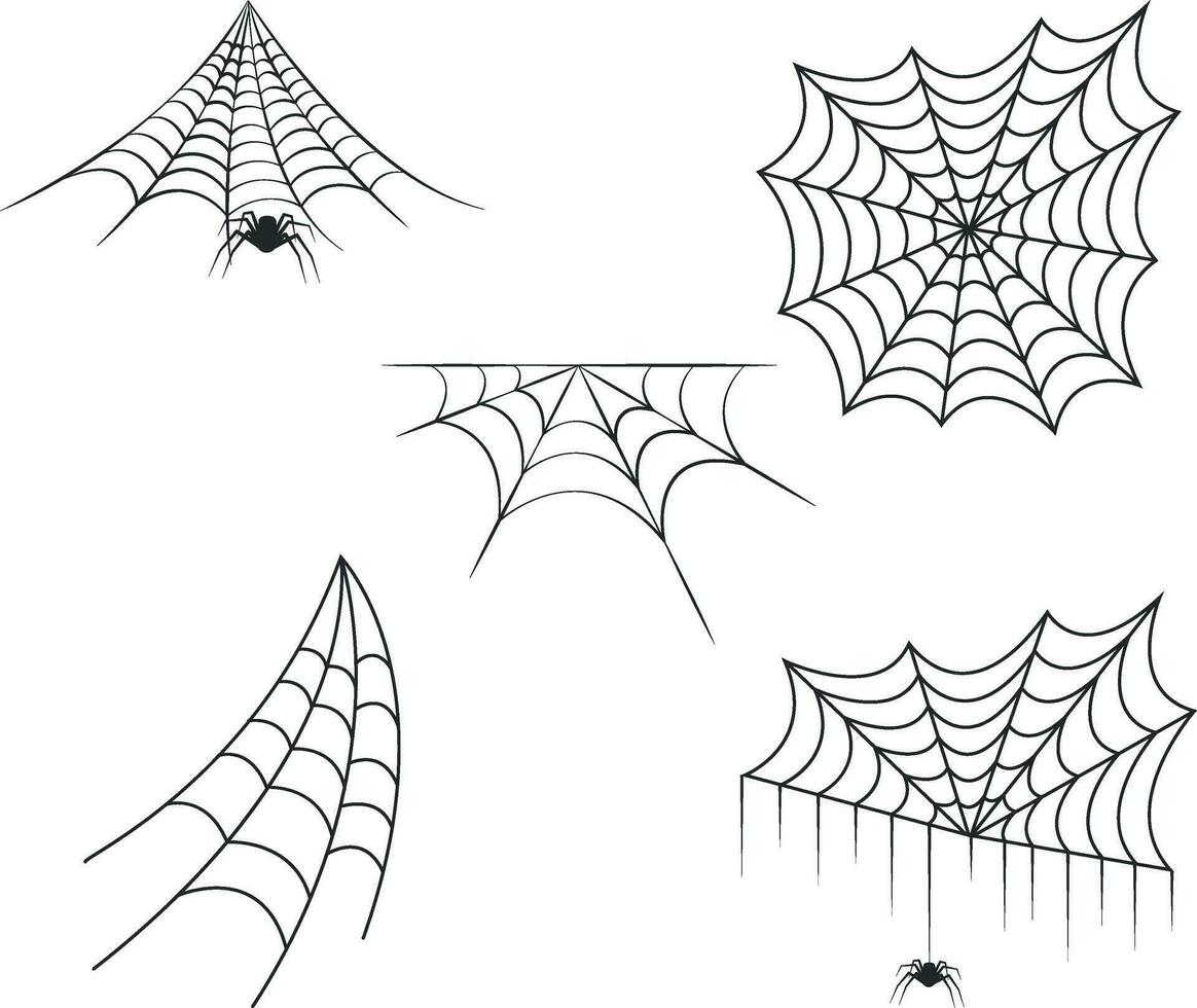 Halloween Spider Web. Spooky Halloween cobweb with spiders. Outline vector illustration