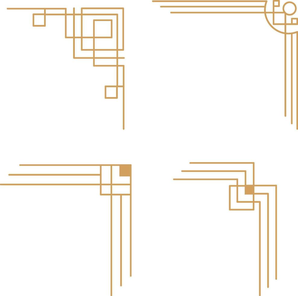 Luxury Corner Frame Set. Vector geometric golden template in 1920s style, art deco corners for borders and frames